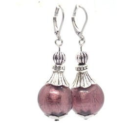 Schmuckset Ohrringe, Halskette und Armband aus Edelstahl, Hämatit und violetten Muranoglasperlen