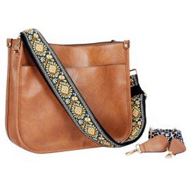 Cross Body Bag Purses for Women with Guitar Strap, Trendy Vegan Faux Leather Shoulder Bag Designer Handbag with 2 Strap (Brown)