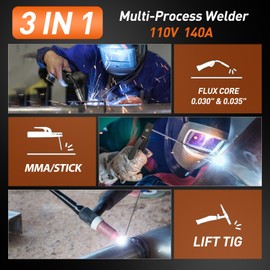 OFRAP MIG Welder 140A, Flux Core MIG/Stick/Lift TIG 3 In 1 Welding Machine with Synergy, IGBT Inverter 110V Portable Gasless Welder for Home/Garage User, Come with Welding Wire