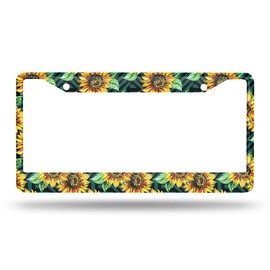 Beabes Bright Sunflower Pattern License Plate Frame Orange Green Color Novelty License Plate Frame License Plate Car Tag Holder Metal License Plate Frame for US Vehicles Standard