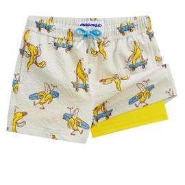maamgic Boys Swim Trunks with Compression Liner Seersucker Swim Shorts Recycled Toddler Swimsuit Banana White 5/6