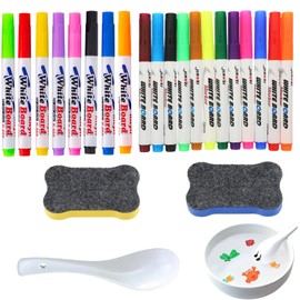 23 Pcs Set Floating Whiteboard Pens Set 12 Thick Tip+8 Thin Tip Whiteboard Markers with 2 Erasers (Blue, Yellow) & 1 Spoon, Multi-Color, Dry Erase Markers for Whiteboards, Offices, Classrooms, Homes