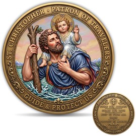 St. Christopher Challenge Coin with Acrylic Case, Traveler's Prayer Coin for Protection and Safe Journeys, Christian Faith Token, Patron Saint of Travelers Gift, Colorized Edition