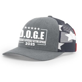 Trenz Shirt Company Mens D.O.G.E Hat Doge Democrats Officially Getting Exposed Embroidered Mesh Back Trucker Hat, Heather Grey/American Flag