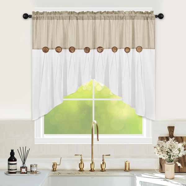 FRAMICS Farmhouse Swag Curtain, Boho Cotton Linen Valance Curtain, Rustic