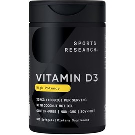 Sports Research Vitamin D3 1000iu (25mcg) Infused with Coconut Oil ~ Immune & Bone Support ~ Non-GMO Verified, Soy & Gluten Free (360 Mini Liquid Softgels)
