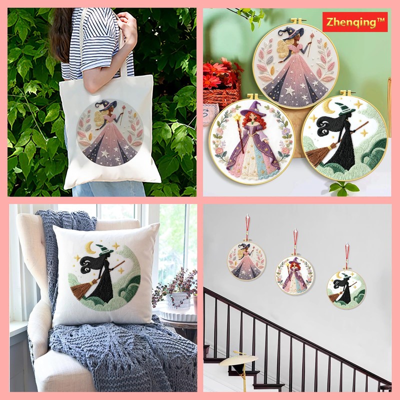 Zhenqing 3-Pack Witch Embroidery Kit for Beginners, Fantasy Magical Needlework