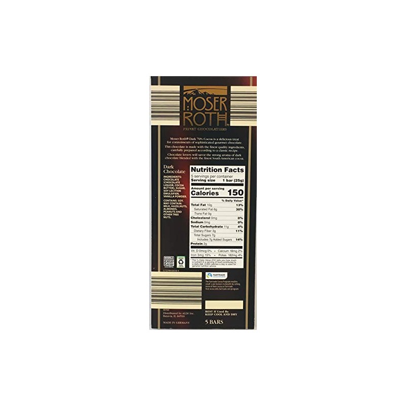 Moser Roth 70% Premium Fine German Dark Chocolate Bars. (Pack