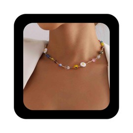Enautoabs Bohemian Colourful Pearl Necklace Flower Beads Choker Necklace Multi Stone Strand Necklace Summer Rainbow Beads Necklace Beach Holiday Necklace Jewellery for Women, Zinc, No Gemstone