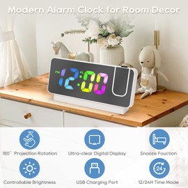 Projection Alarm Clock for Bedroom, LED Alarm Clock for Bedrooms, RGB Color Changing Clock for Teens, Kids 180°Projector& Dimmer,12/24H, Snooze, 7.5’’ Dual Loud Alarm Clock(White)