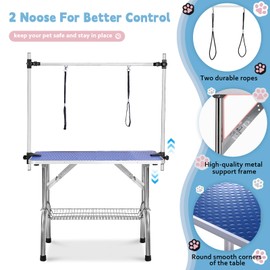 VICBARLEY 46'' Professional Dog Pet Grooming Table Adjustable Height Heavy Duty Portable Trimming Table with Arm/Noose/Mesh Tray, Maximum Capacity Up to 330 LBS, Blue