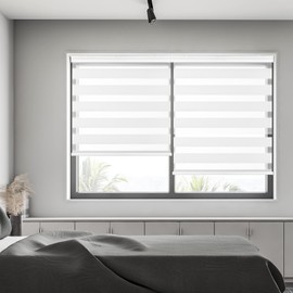 GENIMO Cordless Zebra Blinds for Windows, Dual Layer Roller Window Shades, Sheer or Privacy Light Control for Day and Night, Mini Door Blinds for Home, Office, Easy to Install, White, 65" W X 72" H