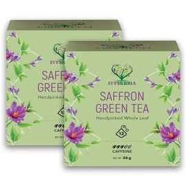 Eupherbia Saffron Green Tea, Handpicked, Highland Grown Whole Leaf Tea, Enriched with Premium Saffron Threads, Herbaceous, Grassy, Bittersweet, Individually Wrapped Tea Sachets (Pack of 12) (2 Pack)