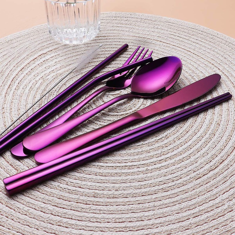 (Purple) - Portable Stainless Steel Flatware Set, Travel Camping Cutlery