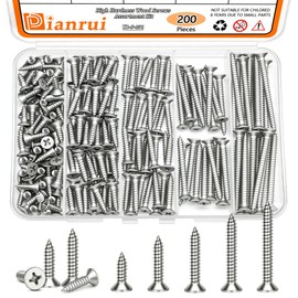 Dianrui 200 PCS 304 Stainless Steel Screws, #8 Wood Screws Assortment Kit, Phillips Drive Sheet Metal Screw Set Marine Grade Length 1/2" to 2"