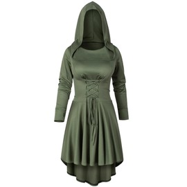 Irtysh Womens Base Vintage High Low Pullover Medieval Hooded Robe Cloak Dress Costumes Cosplay Net Leggings Set(Green L)