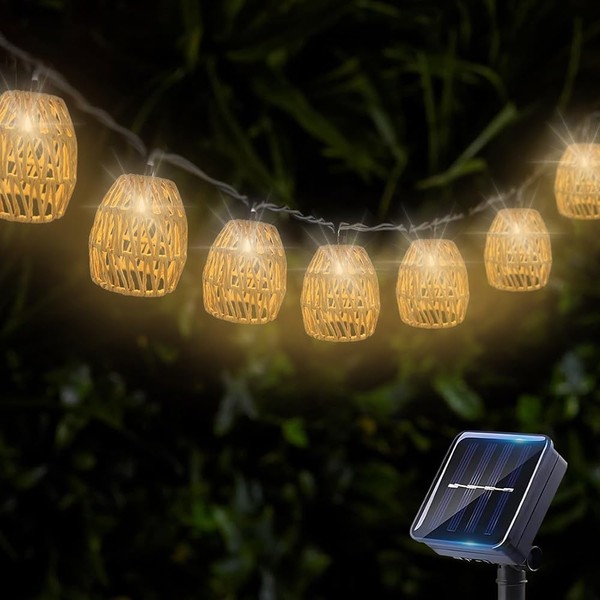 SERBASIC Solar Outdoor Patio String Lights,13FT 10Led Rattan Style Lantern