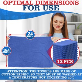 Huck Towels -12 Pack 24"x16.5" Cotton Blue Shop Towels - Large Cotton Rags for Cleaning, Reusable Cloths for Kitchen, Bar, Garage, Housekeeping | Absorbent Cleaning Cloths for Wiping & Polishing