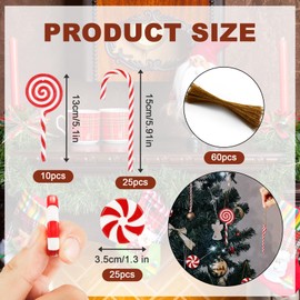 60pcs Candy Canes Christmas Tree Decorations, Candy Cane Ornaments Christmas Tree Hanging Decorations for Lollipops Candy DIY Crafts Xmas Party Home Supplies (Red White)