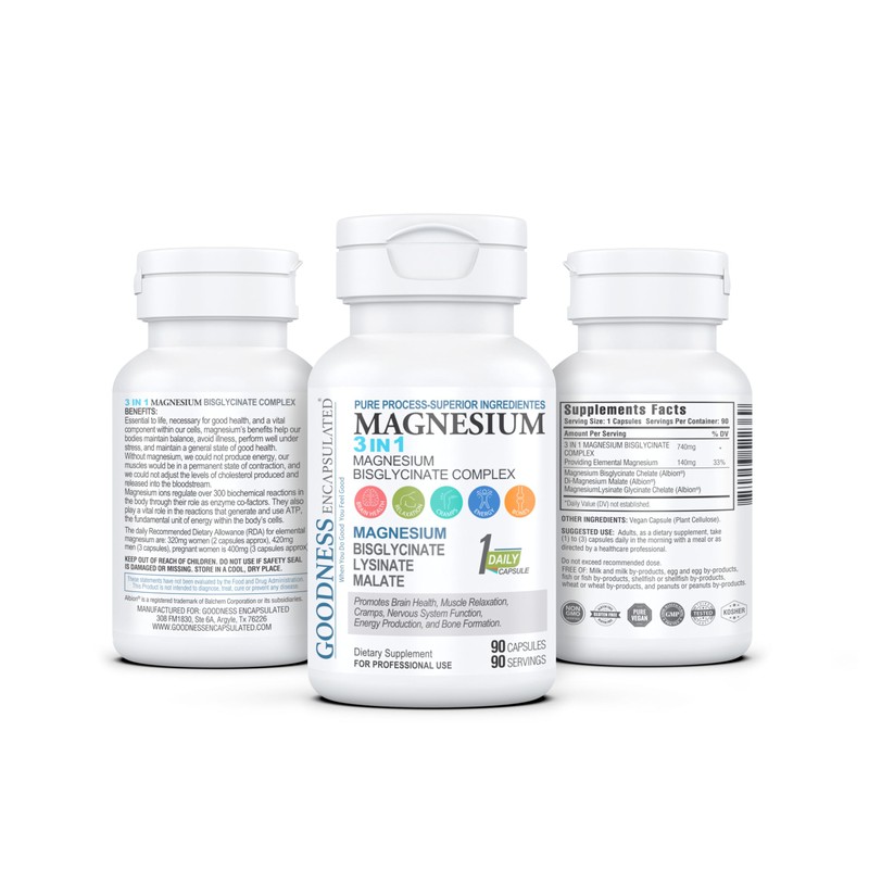 Magnesium 3 in 1 Bisglycinate Complex, from GOODNESS ENCAPSULATED.