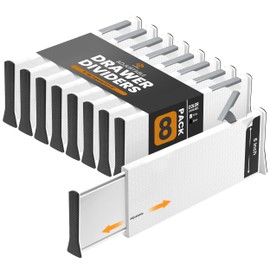 RAPTUROUS Adjustable Deep Drawer Divider – 6" Tall, Expandable 13-22", 8-Pack, Non-Slip Drawer Dividers for Clothes, Dresser, Kitchen & Office Organization (White)