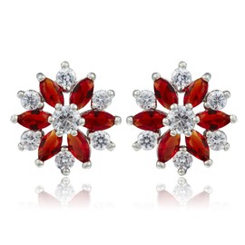 [RIZILIA SNOWFLAKE] Stud Pierced Earrings with Marquise Cut Gemstones CZ [Red Ruby] in 18K White Gold Plated, Simple Modern Elegance