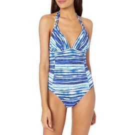 La Blanca Traje de baño de una Pieza con Cuello en V para Mujer, Rayas Azules/serenas., 4