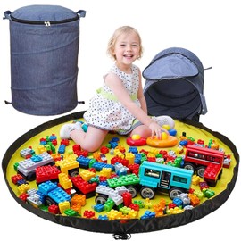 Lighterday Spielzeug Aufbewahrungkorb mit Spielteppich Aufräumsack,Stoff Korb Aufbewahrung Groß mit Dekel,34X42CM,Spielzeugkorb Rund für Bauklötze Stofftier Aufbewahrung,Wäschekorb(Blau)