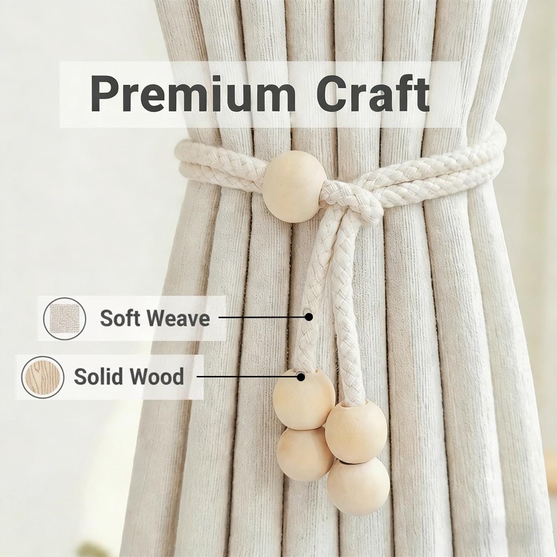 4 Pack Wooden Bead Curtain Tie Backs, Minimalist Boho Curtain