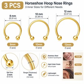 NZDLM 18G Horseshoe Nose Rings 3PCS, Stainless Steel Septum Ring 8mm 10mm 12mm Circular Barbell for Nose Nostril Cartilage, Gold