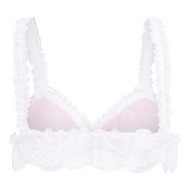 Satini Sissy Frilly Lace Fitted Sheer Bralette (Baby Pink - White, L)
