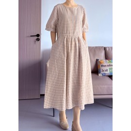 Minibee Women's Cotton Linen Dress Summer Short Sleeve Casual Plaid Flowy A-Line Midi Dresses with Pockets Khaki X-Large