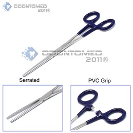 OdontoMed2011 Set of 2 Assorted Color PVC Grip Handle German Grade Stainless Straight & Curved Hemostat Forceps Pliers Full Serrated 8" (Navy Blue Grip) ODM