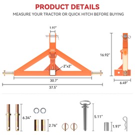 3 Point 2" Trailer Hitch Receiver for Category 2 Tractors, Heavy Duty 3pt Quick Hitch Attachment, Tractor Tow Drawbar Adapter, Compatible with Kubota, Mahindra, Ford, Yanmar, John Deere(Orange)