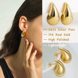 6 Pairs Gold Chunky Hoop Earrings for Women, 14K Gold Plated Croissant Open Hoop, Lightweight Teardrop Earrings Pack for Gift (6 Pair Gold)