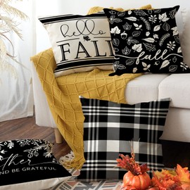 AVOIN colorlife Hello Fall Throw Pillow Covers 18x18 Set of 4, Autumn Thanksgiving Gather and Be Grateful Harvest Decoration for Home