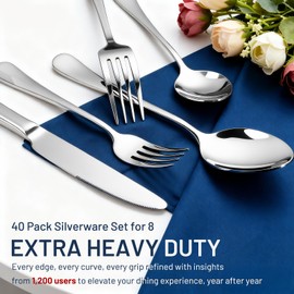 Silverware Set for 8, 40 Piece Heavy Duty Stainless Steel Flatware Utensils Cutlery Set with Spoons and Forks Knives Set, Mirror Polished Dishwasher Safe for Home Kitchen, Restaurant, Wedding, Party