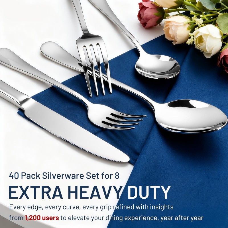 Silverware Set for 8, 40 Piece Heavy Duty Stainless Steel