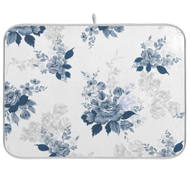 Tarity Watercolor Blue Flower Dish Drying Mat for Kitchen Counter Absorbent Heat Resistant Microfiber Dishes Drainer Mat 18x24 in Large Dish Pad Sink Mat Protective Pad Kitchen Decor