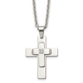 Auriga Fine Jewelry Stainless Steel Polished with Cubic Zirconia Cross Pendant on a Cable Chain Necklace 22"