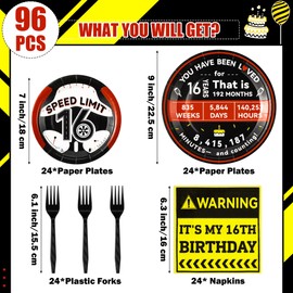 G1ngtar 16th Birthday Party Plates Supplies- Serves 24-96Pcs Drivers License 16 Years Old Warning Party Tableware Decorations Steering Wheel Disposable Paper Plates Napkins Forks for Teens Boy Girl
