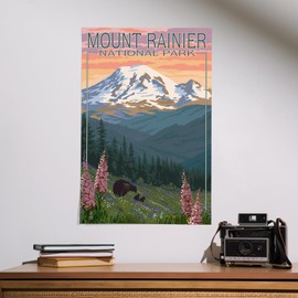 Lantern Press 16x24 Inch Giclee Print, Mount Rainier National Park, Washington, Bear and Spring Flowers