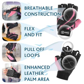 TAVIALO Fitness Gloves Training Gloves for Women Size M (16-19 cm) Pink Black Double Reinforced Palm and Back with Leather