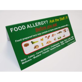 pack of 5 FOOD ALLERGY AWARENESS TABLE and COUNTER SIGN (74 X 148) FOLDED 350g The clearest food allergy notice. Allergy warning sign
