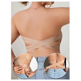 SweatyRocks Women's Plus Size Strapless Bra Criss Cross Wireless Bandeau Bra Seamless Bralette Apricot XX-Large Plus