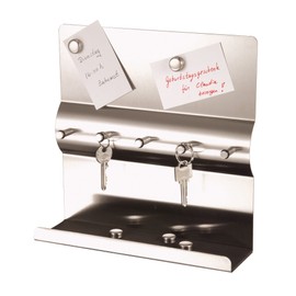 Axentia Key Holder in Silver, Stainless Steel Memo Board Key Holder with 5 Key Hooks and 5 Magnets