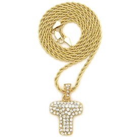 Fashion 21 Unisex Iced Out Alphabet Letter Bubble Initial Pendant 2mm 24" Rope Chain Necklace in Gold, Silver Tone (Gold - T)