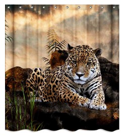 Juego de cortinas de ducha de tela de safari africano, diseño de leopardo, con ganchos, impermeable, lavable, 180 x 180 cm, marrón, negro y verde