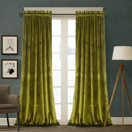 Roslynwood Velvet Olive Green Curtain 90 inch Length - Curtains Block Light Rod Pocket Thermal Insulated Window Drapes Set for Living Room/Bedroom/Dining Room, W52 x L90, 2 Panels
