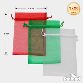 PMLAND 60-Piece Assorted Colors Organza Mesh Drawstring Bags (4x6 Inches) - Christmas Red Green White - Perfect for Jewelry Party Favors Gifts and More